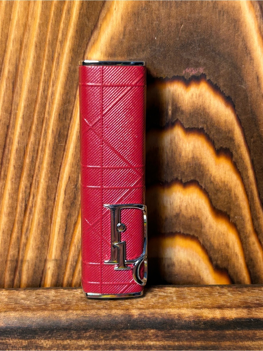 Dior Red Textured Lipstick Case with Silver 'D' Logo